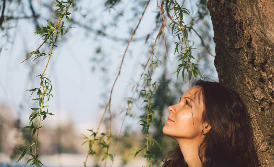 photo d'une femme sereine, sous un arbre, heureuse de commencer sa détox de dopamine